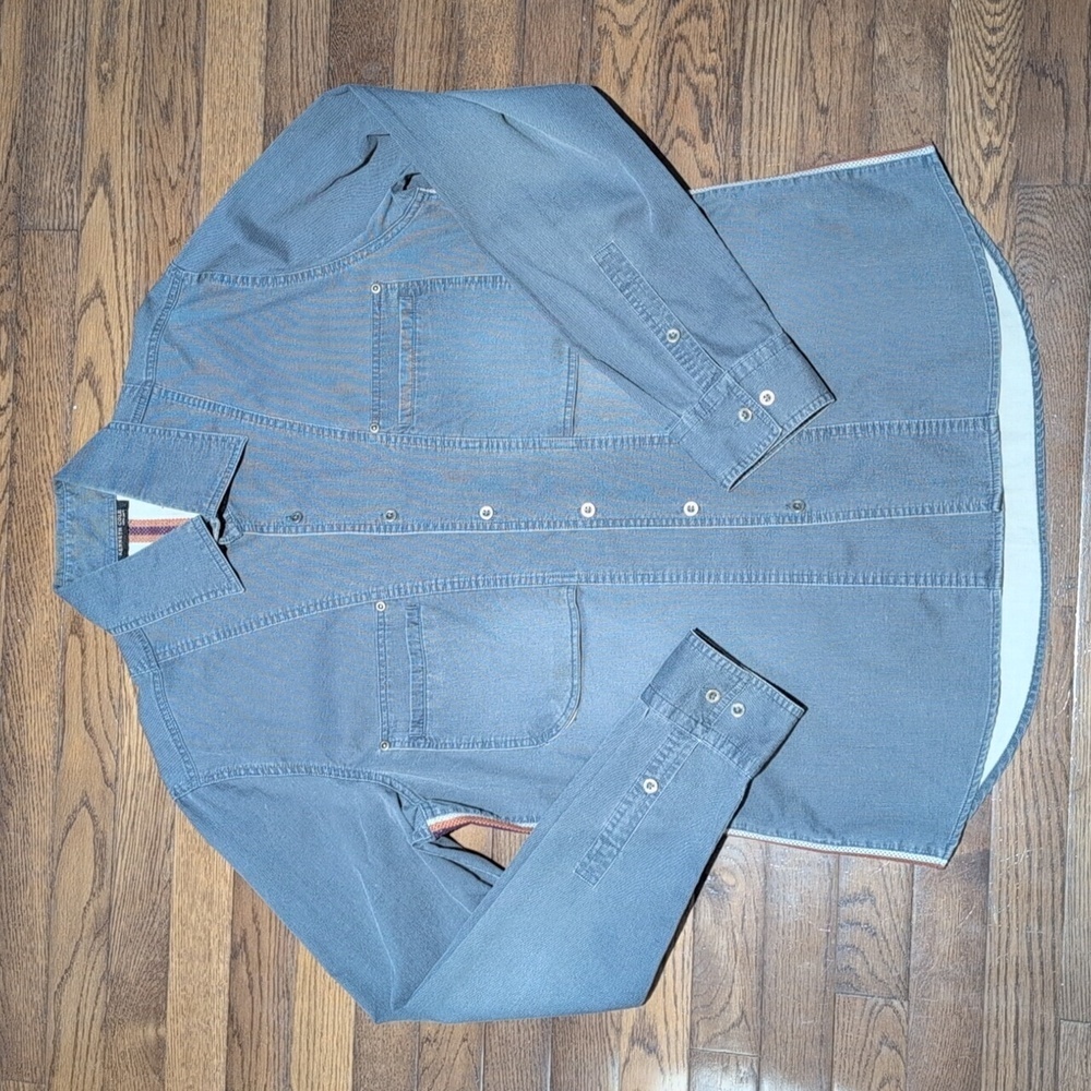 Vintage 90s/Y2K Men's Charcoal Cotton Button-Up with stripe detail shirt size L